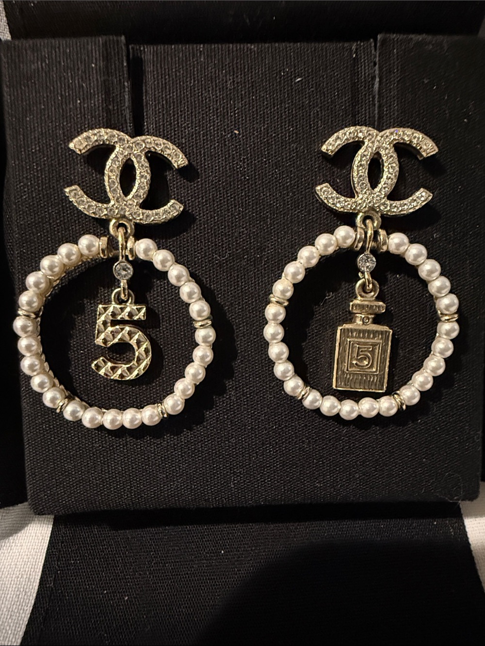 CHANEL Pearl Dangle No 5 Perfume Bottle CC Logo Pierced Earrings